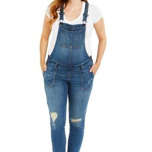 Motherhood maternity indigo blue side panel raw hem overalls